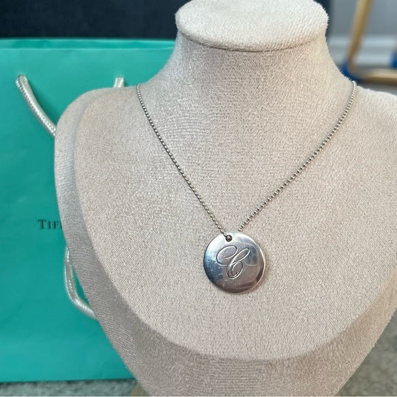 Tiffany Notes Alphabet “C” Disc Charm Pendant 18 in Ball Chain Sterling Silver - Picture 2 of 14